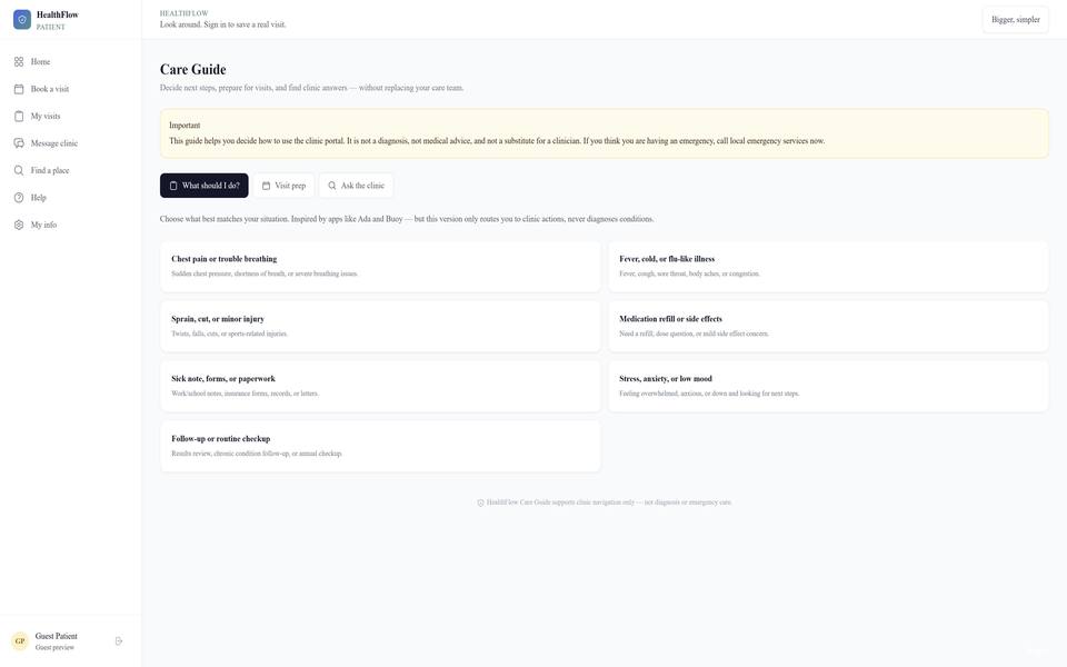 HealthFlow Care Guide screenshot